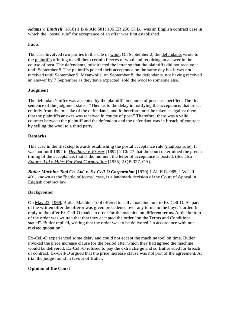 Landmark English Contract Law Cases | PDF | Estoppel | Offer And Acceptance