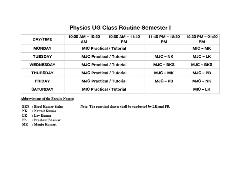 UG Class Routine Semester I | PDF