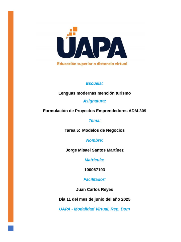 Tarea 5 de Formulación de Proyectos Emprendedores | PDF | Modelo de ...
