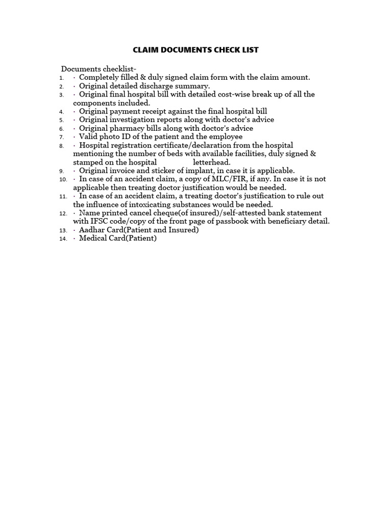 Claim Documents Checklist | PDF