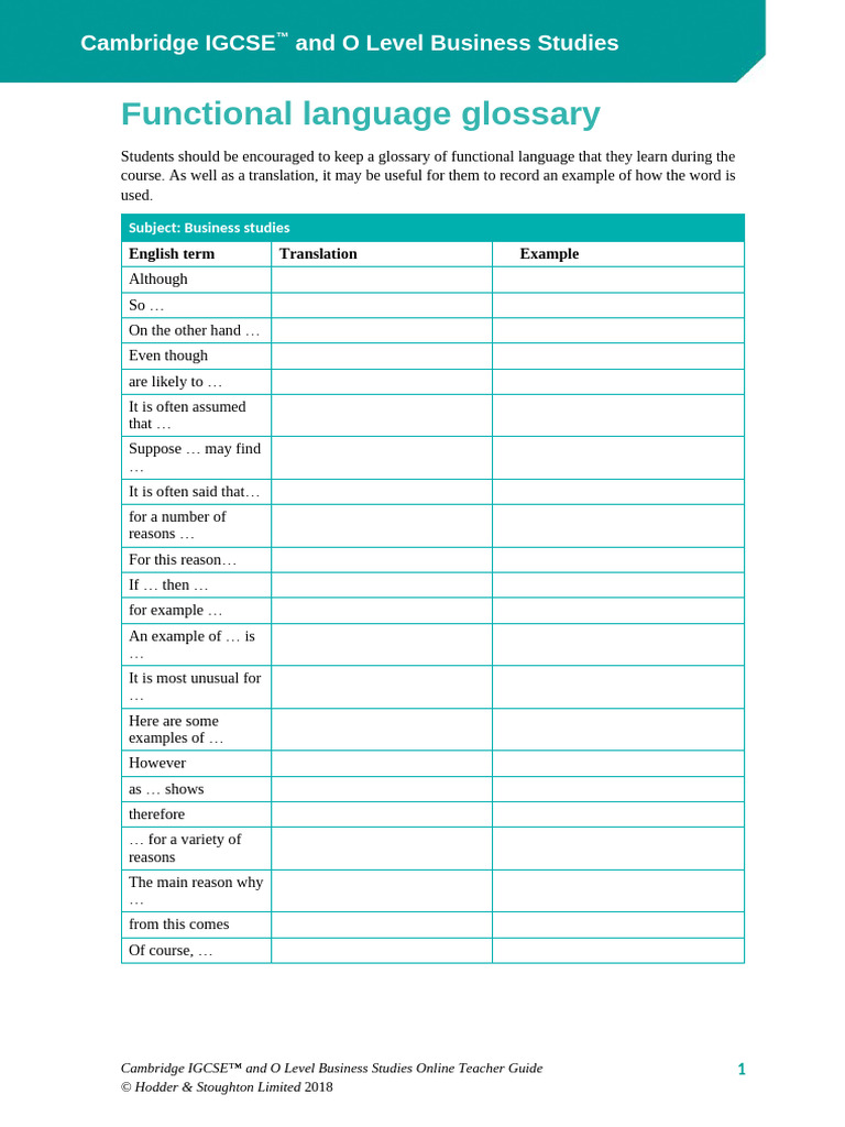 Business Studies Functional Language Glossary | PDF
