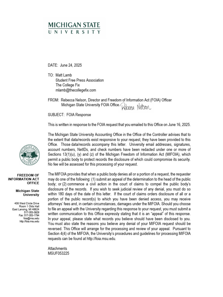 MSU FOIA Response to Request | PDF | Freedom Of Information Act (United ...