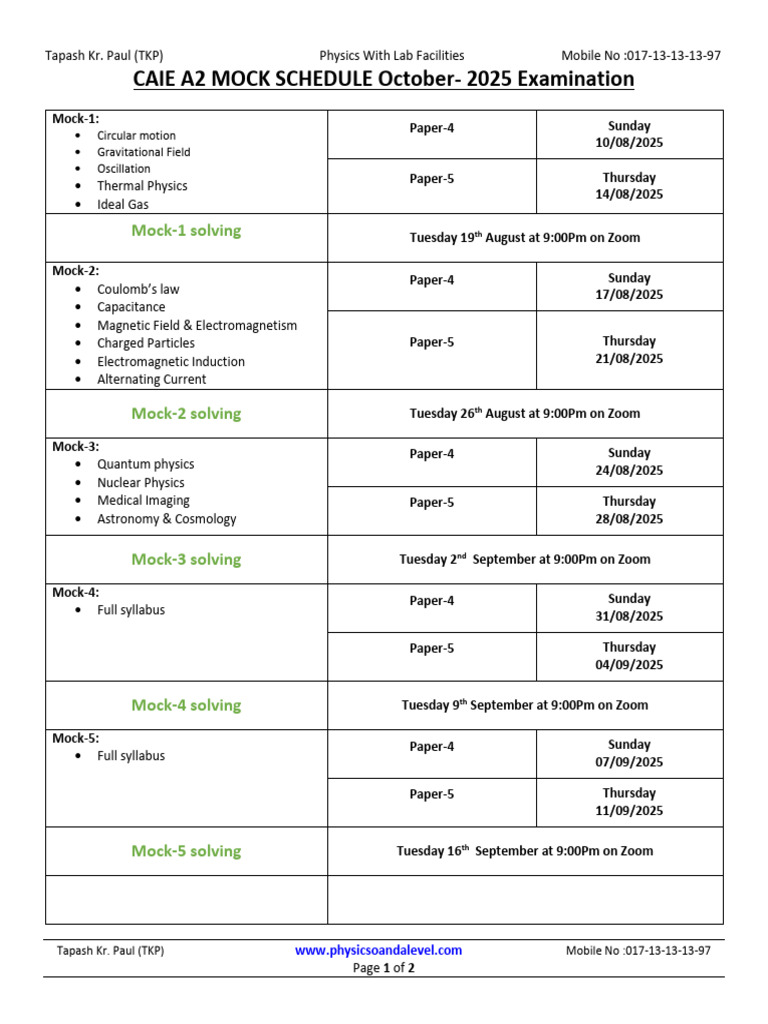 CAIE A2 Physics Mock Exam Schedule | PDF | Physics | Applied And ...