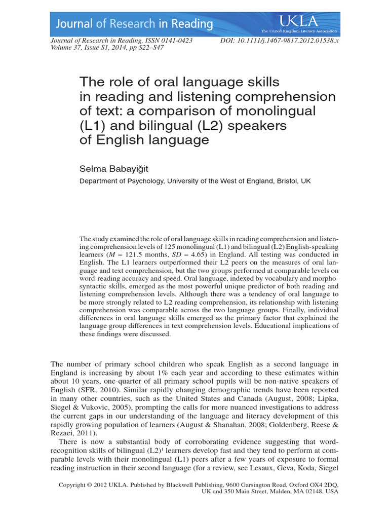 Babayigit - 2014 - The Role of Oral Language Skills in Reading and ...