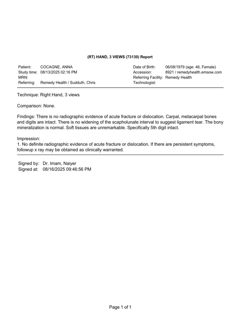 Right Hand X-Ray Report: No Fracture | PDF