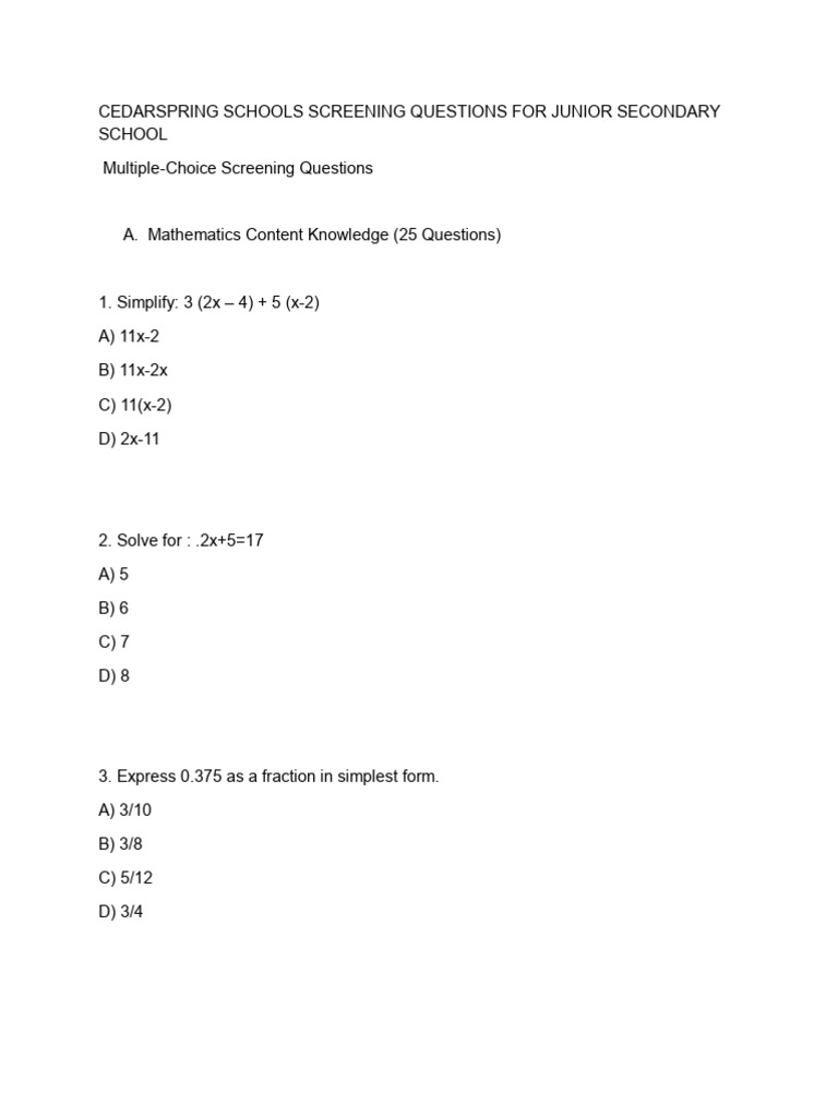 Junior Secondary Math Screening Questions | PDF | Mathematics | Teachers
