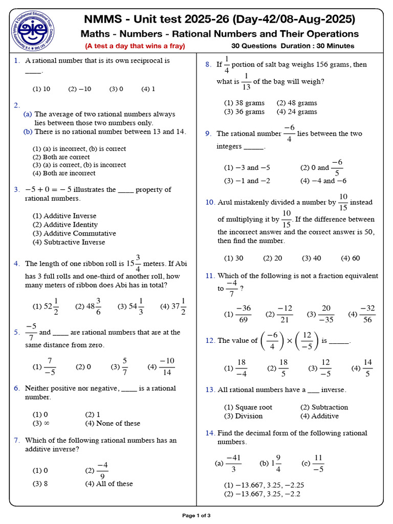 Day 42 - Maths - Q Paper EM | PDF | Rational Number | Numbers