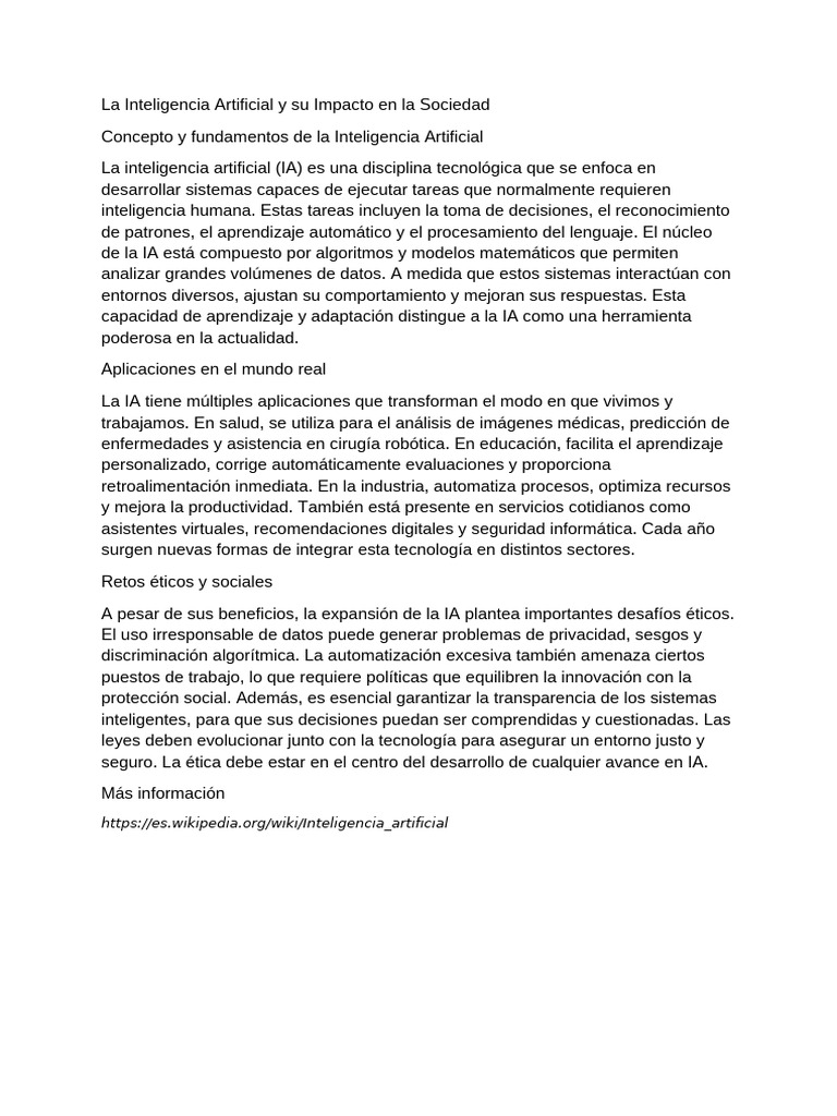 Impacto de la Inteligencia Artificial en la Sociedad | PDF