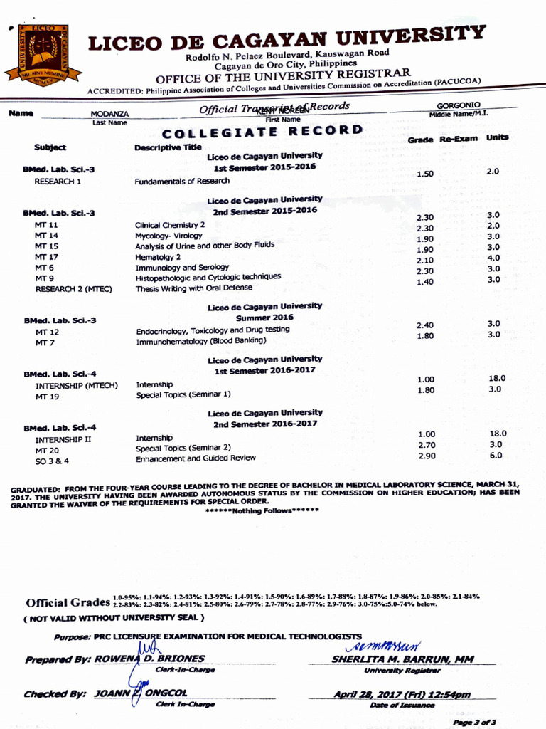 Official Transcript of Records - BMLS | PDF