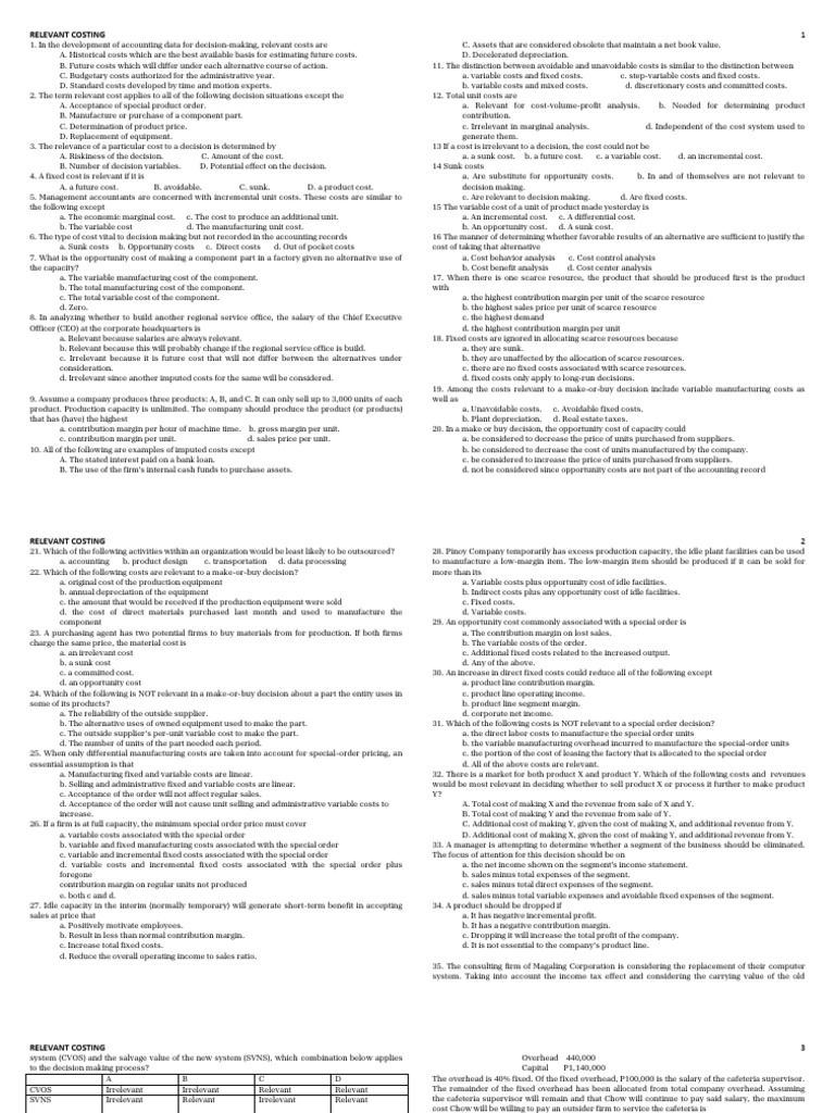 Relevant Costing MCQ | PDF | Opportunity Cost | Depreciation