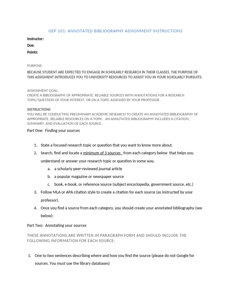 Annotated Bibliography Assignment Guide | PDF