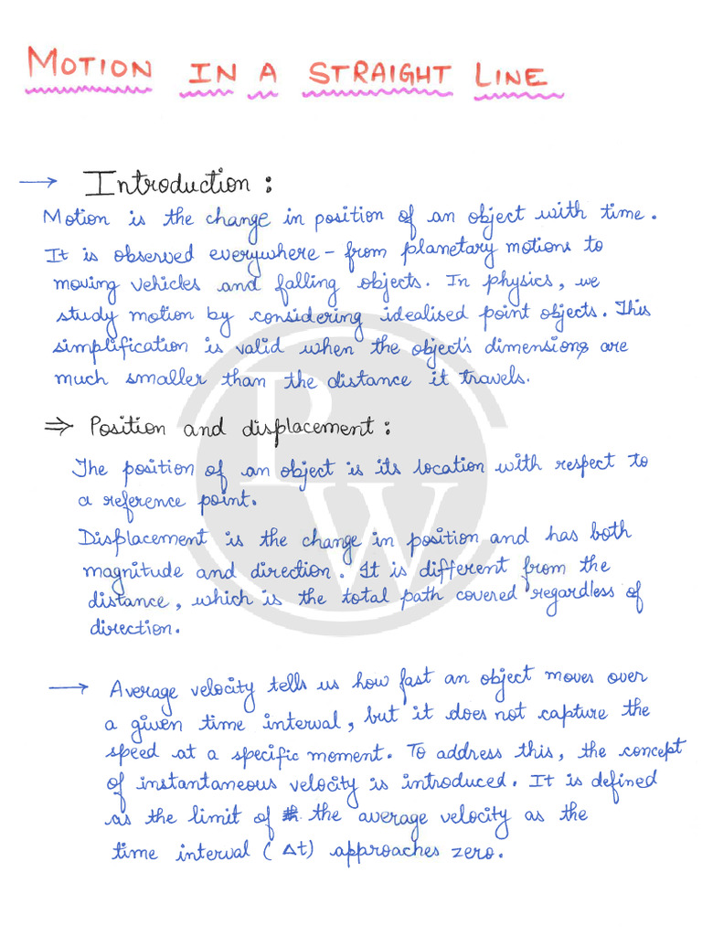 Motion in A Straight Line - Handwritten Notes | PDF