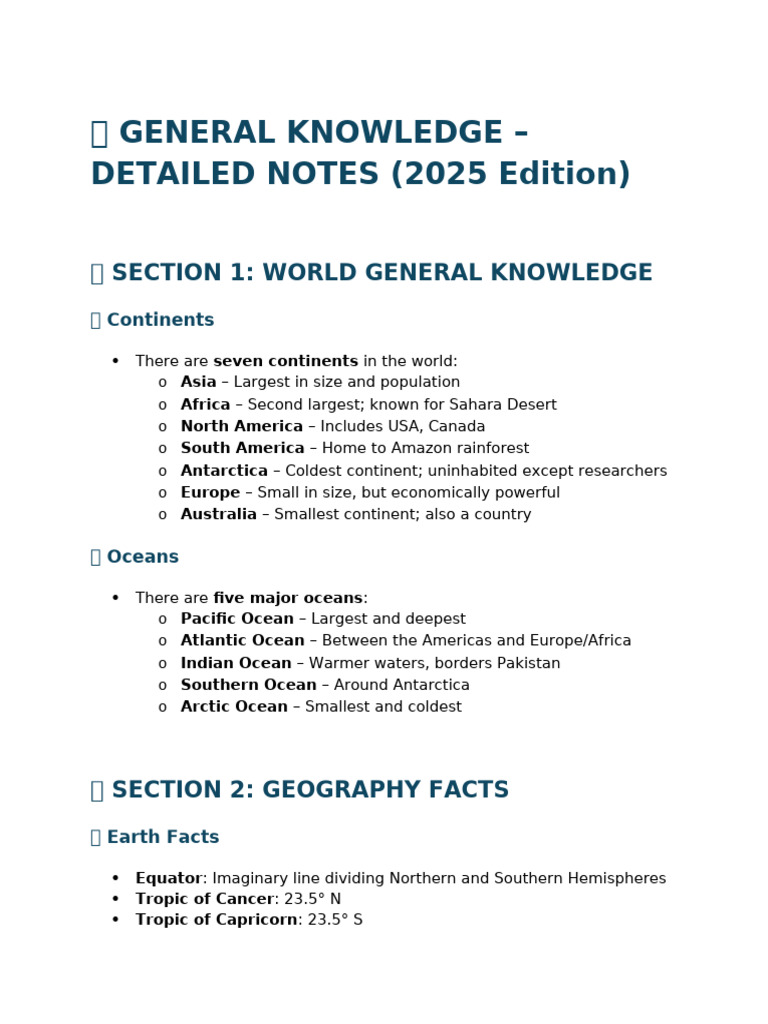 General Knowledge Notes 2025 Edition | PDF | Pakistan | Oceans