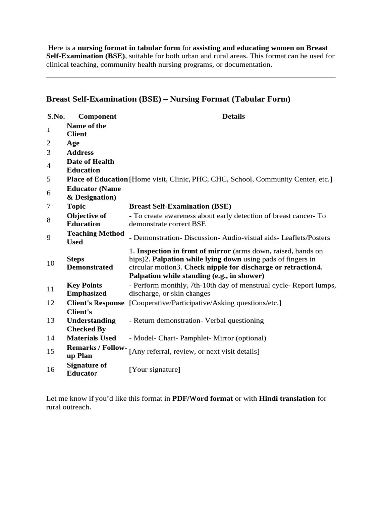 Nursing Guide for Breast Self-Examination | PDF