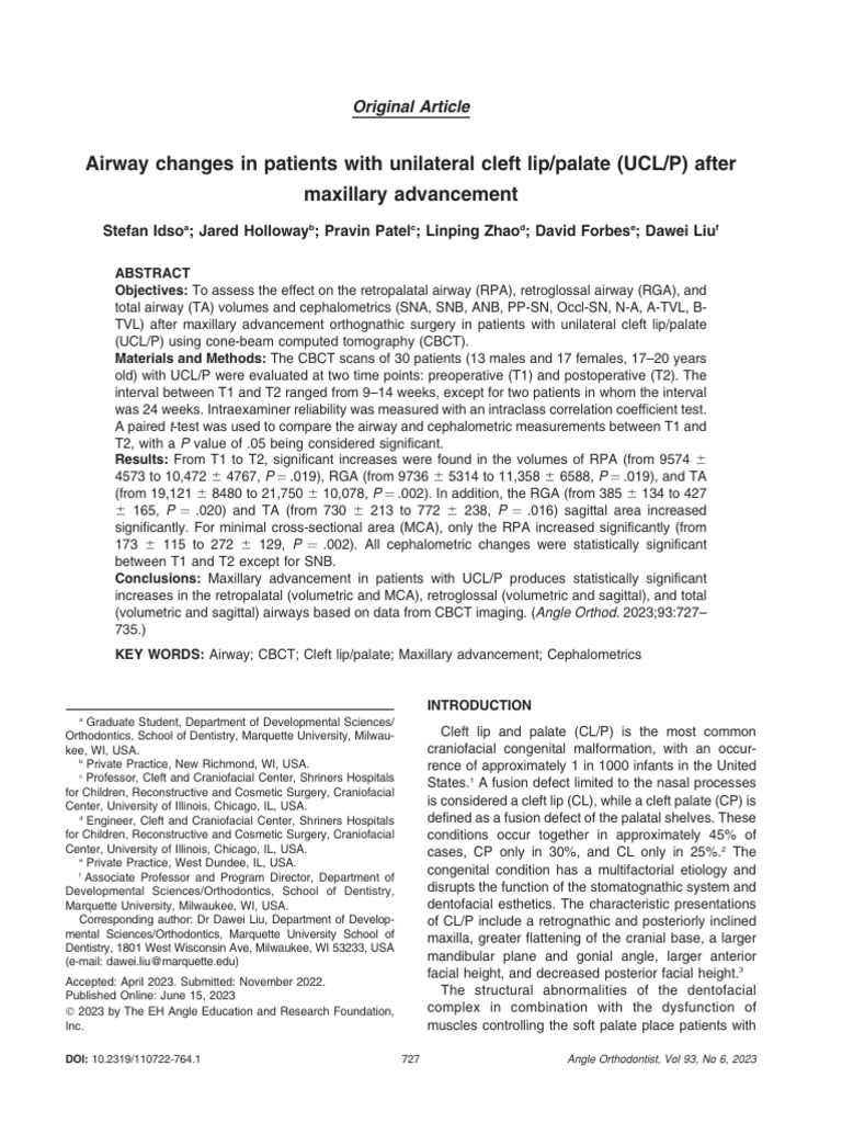 2023 Airway Changes in Patients With Unilateral Cleft Lip:Palate (UCL:P ...