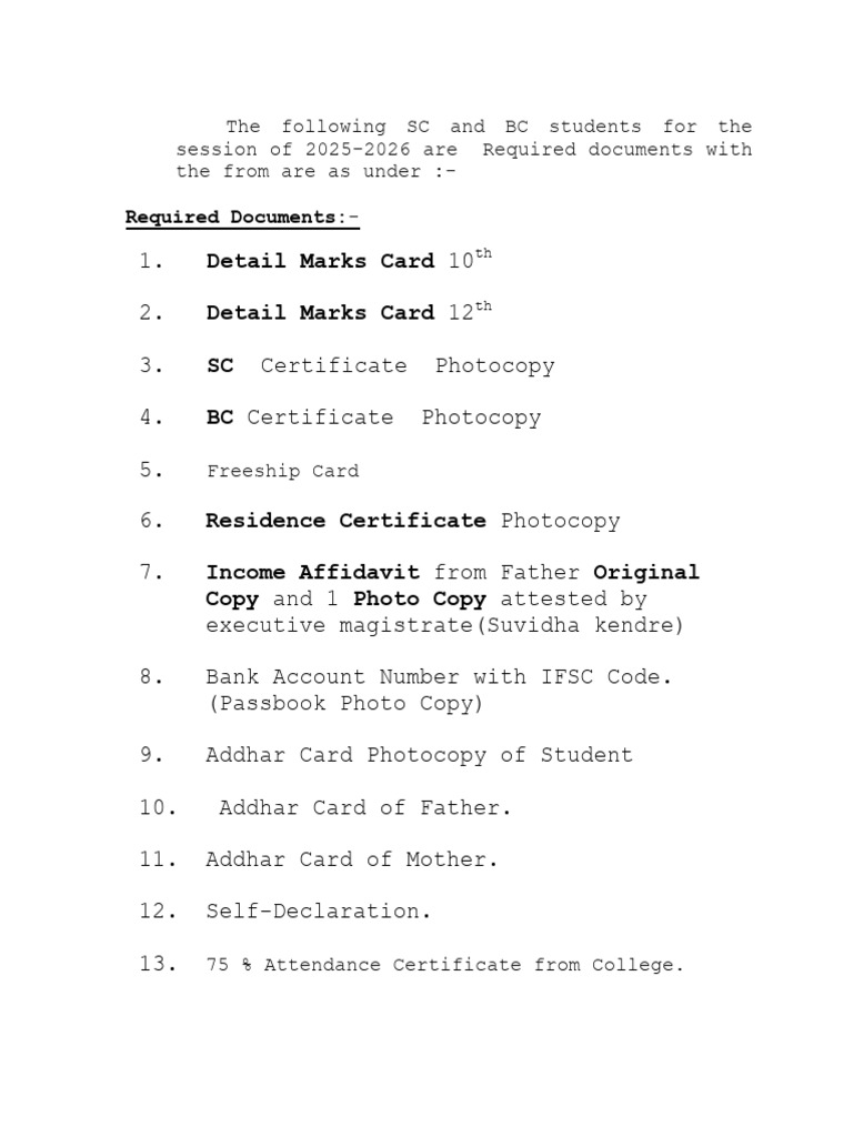 Required Documents for SC/BC Students 2025-2026 | PDF