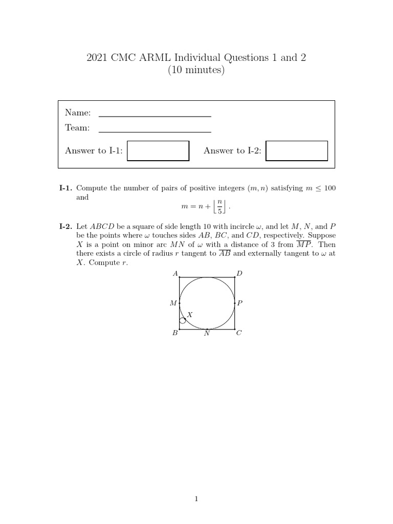 2021 CMC ARML Individual Math Questions | PDF | Sphere | Elementary ...