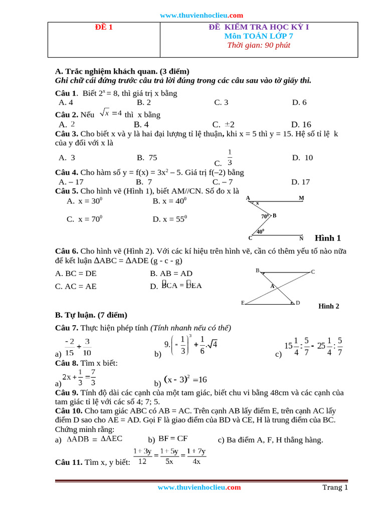 30 de Thi Hk1 Toan 7 Co Dap An | PDF