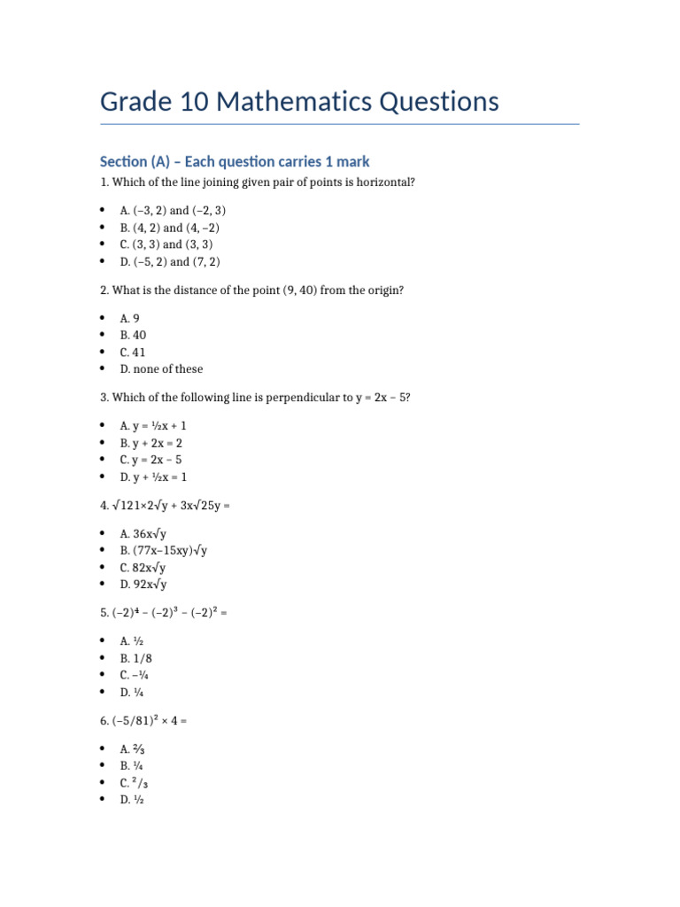 Grade 10 Math Practice Questions | PDF | Perpendicular