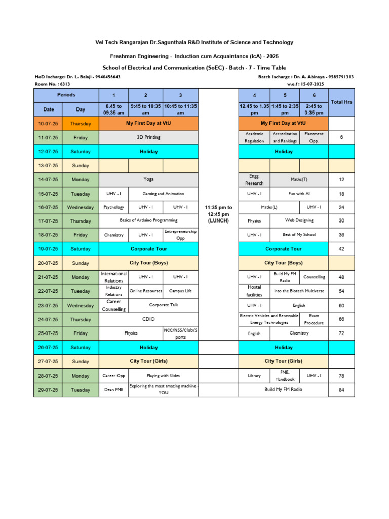 Freshman Engineering Induction 2025 Schedule | PDF