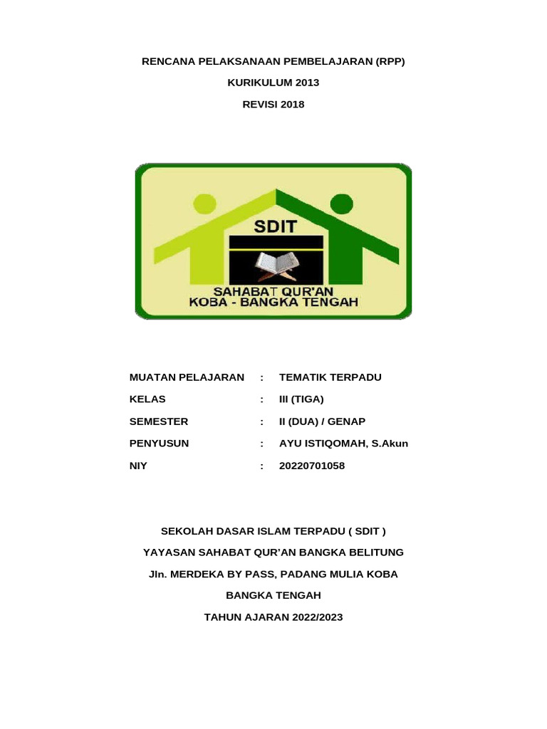 Desain Cover RPP K13 Kelas III | PDF