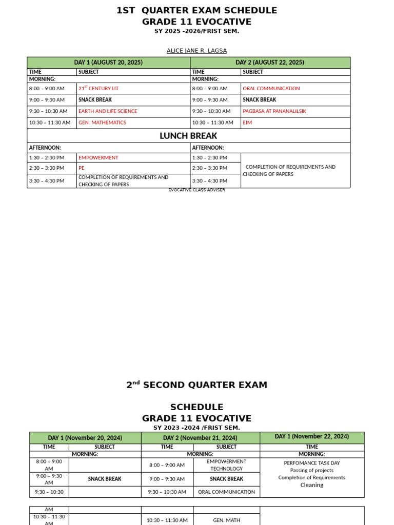 Grade 11 Exam Schedule SY 2025-2026 | PDF | Educational Stages ...