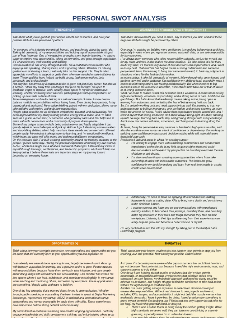 Personal SWOT Analysis for Growth | PDF | Mentorship | Leadership