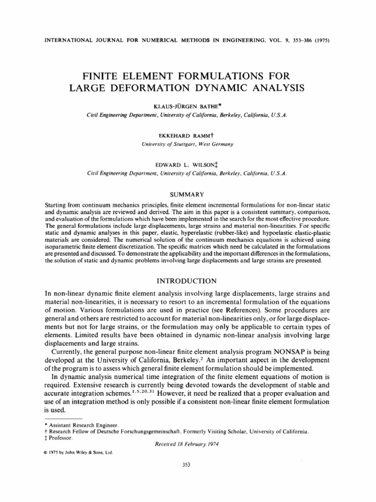 Bathe (1975) - FE Formulations For Large Deformation Dynamic Analysis ...
