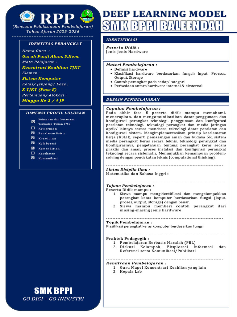 RPP Deep Learning untuk SMK 2025-2026 | PDF