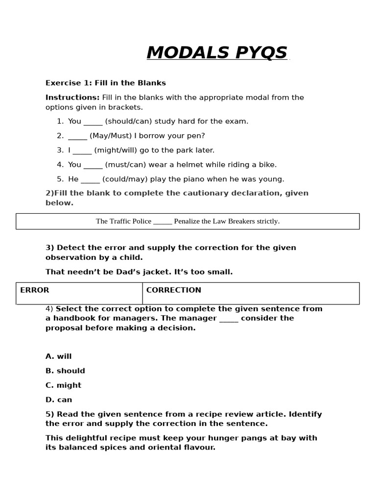 Modals Practice Questions for Class 10 | PDF