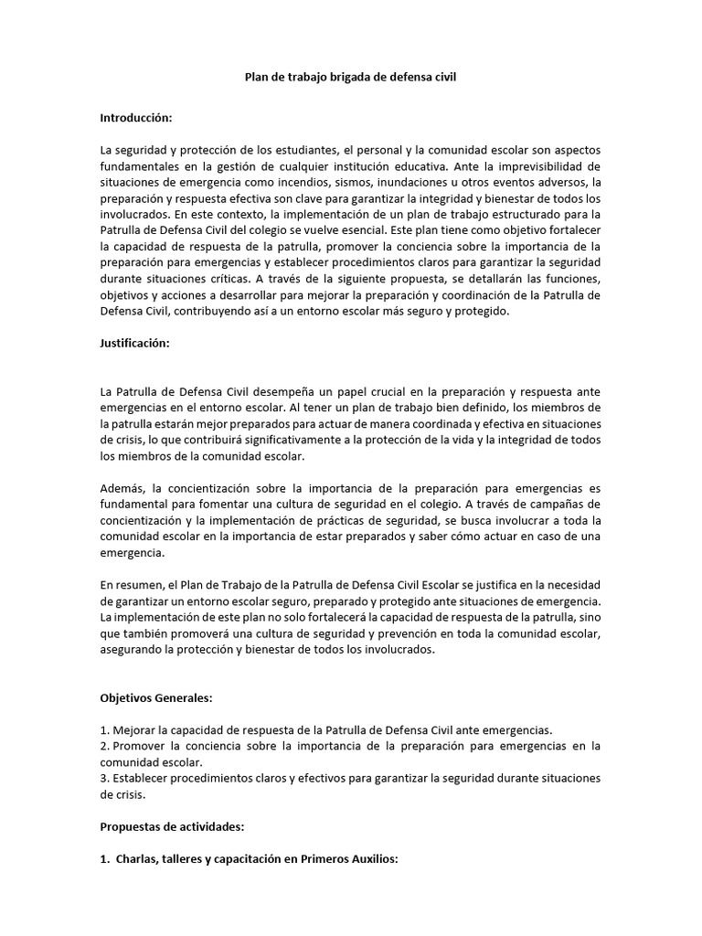 Plan de Trabajo para Defensa Civil Escolar | PDF | Defensa Civil | Valores