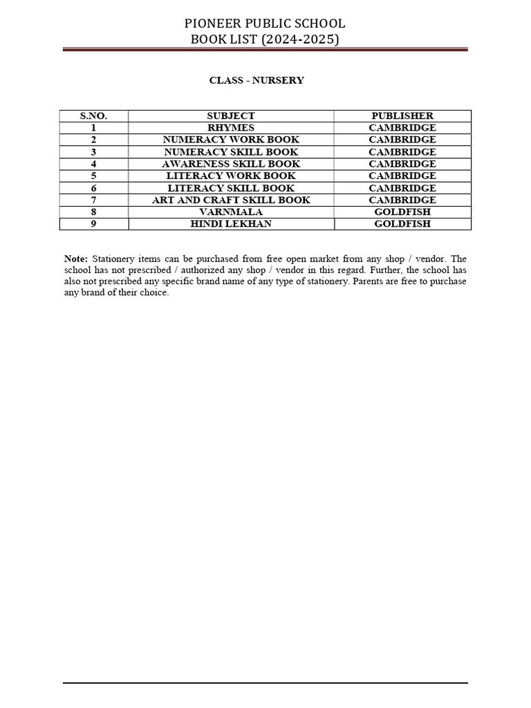 Pioneer Public School Book List 2024-25 | PDF