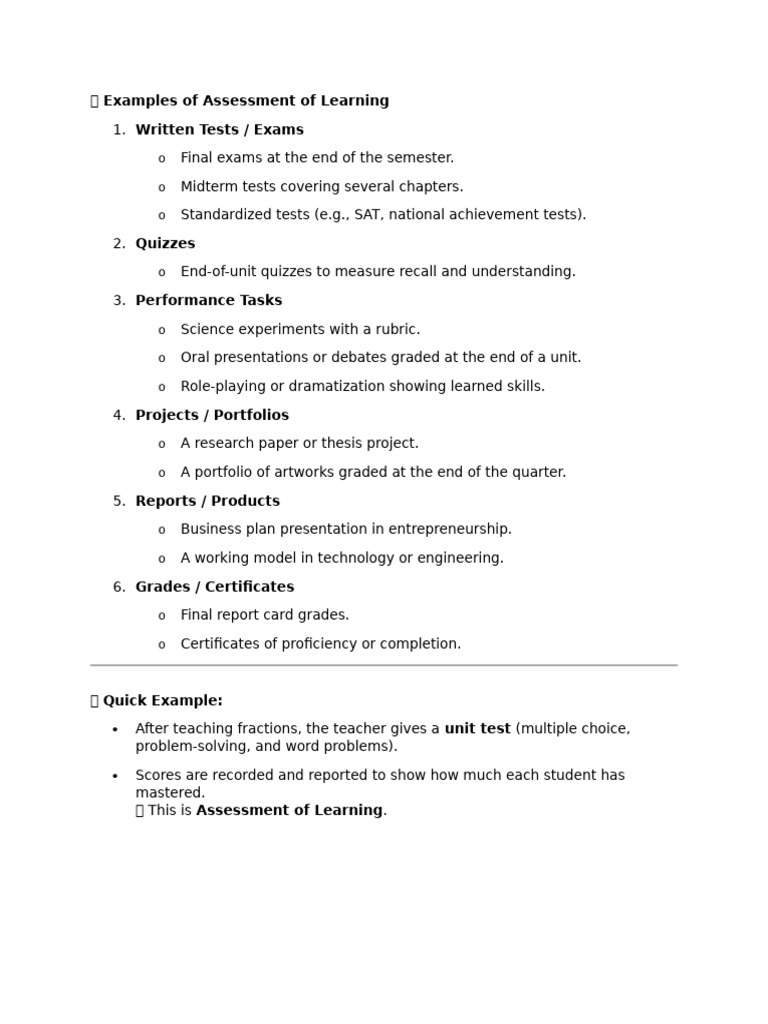 ? Examples of Assessment of Learning | PDF