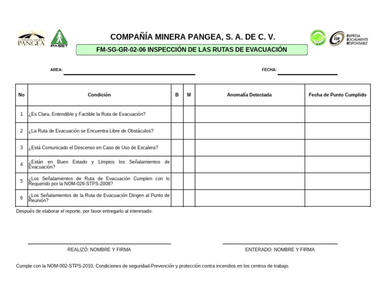 FM-SG-GR-02-06 Inspección de Rutas de Evacuación | PDF