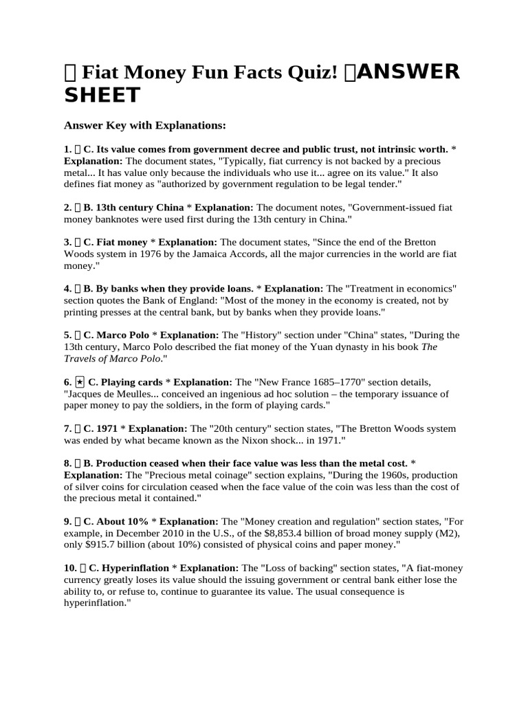 Fiat Money Quiz: Fun Facts & Answers | PDF