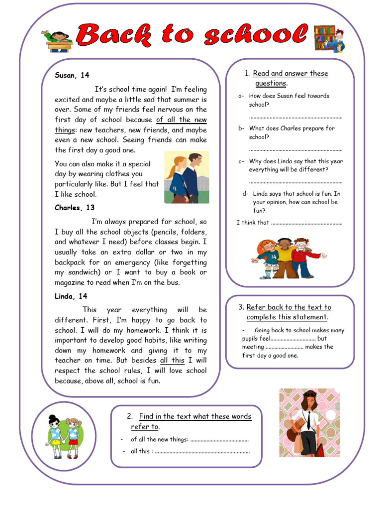 Back To School Fun Activities Games Reading Comprehension Exercis ...