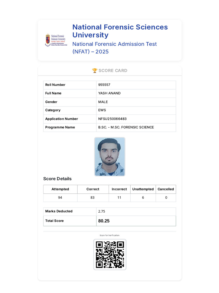 NFAT 2025 Score Card for Yash Anand | PDF