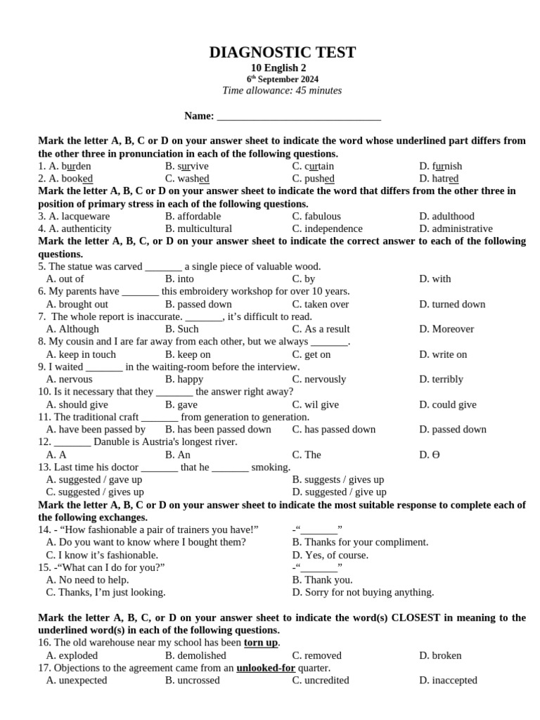 English Diagnostic Test for Students | PDF | Montessori Education