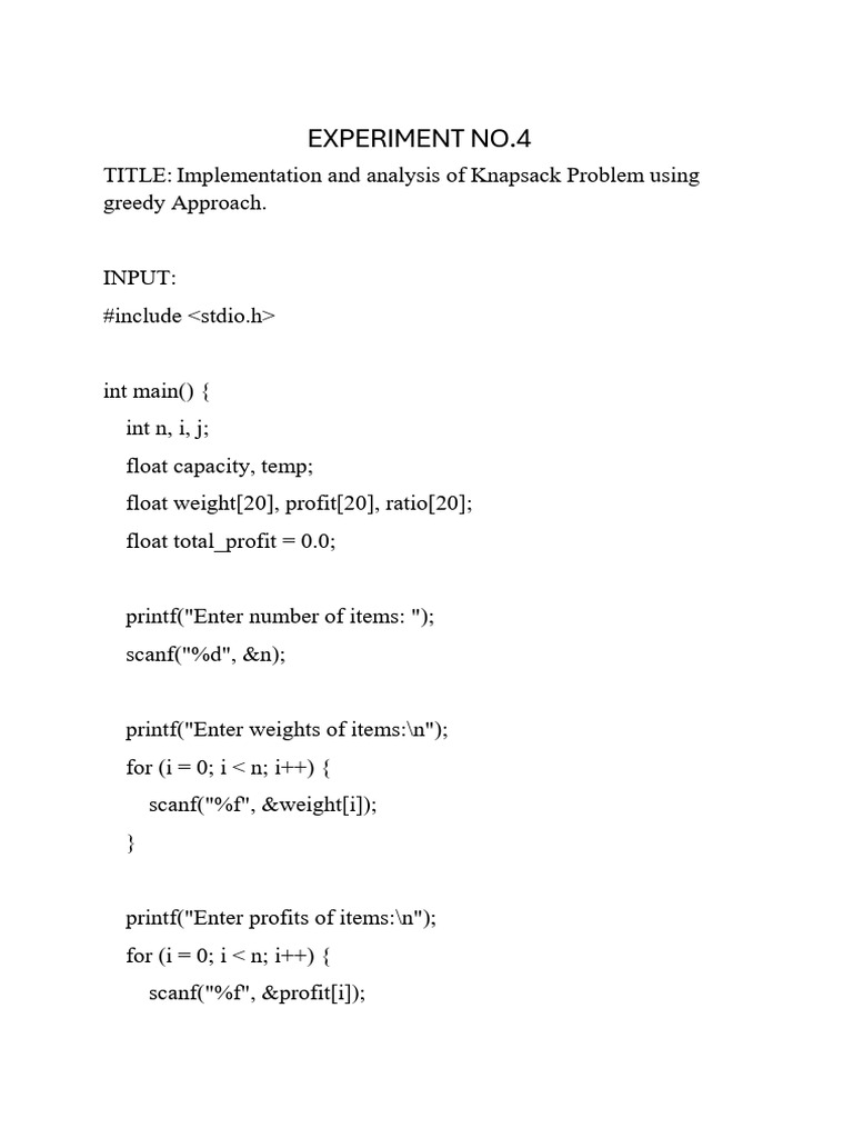Knapsack Problem Greedy Approach Code | PDF