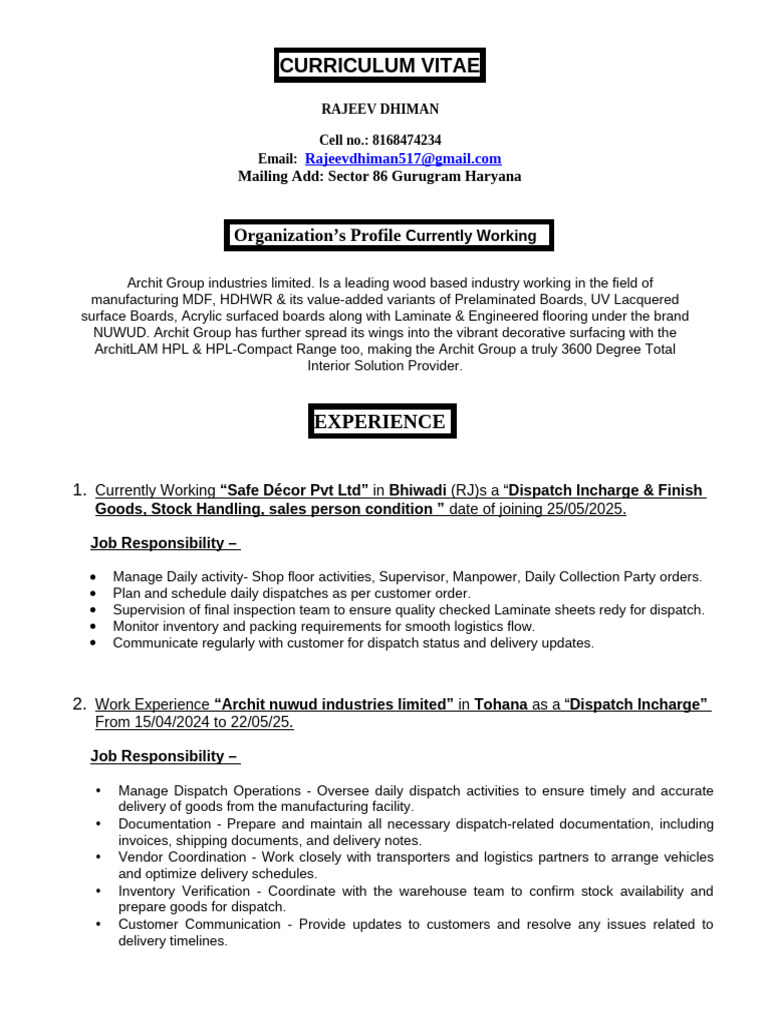 Rajeev Dhiman's Professional CV | PDF | Logistics