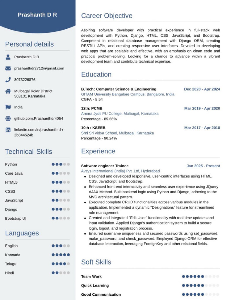 Prashanth D R: Full Stack Developer Resume | PDF | Java Script | Model ...