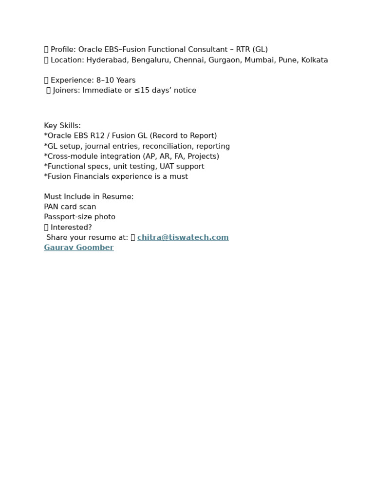 JD of Oracle EBS-Fusion Functional Consultant - RTR (GL) | PDF