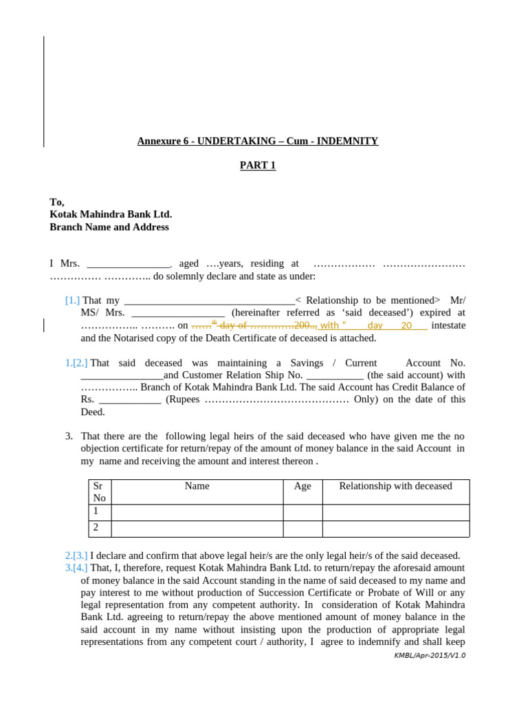 Undertaking Cum Indemnity Noc Legal Heirs | PDF | Indemnity | Private Law