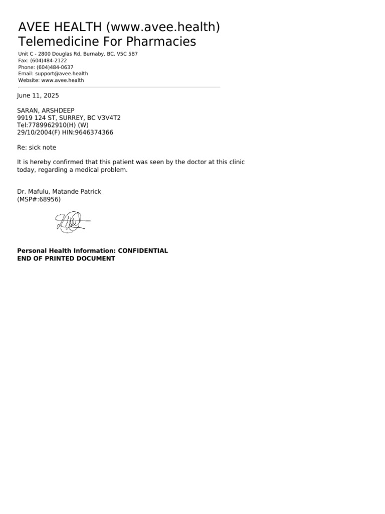 Sick Note from Avee Health Clinic | PDF