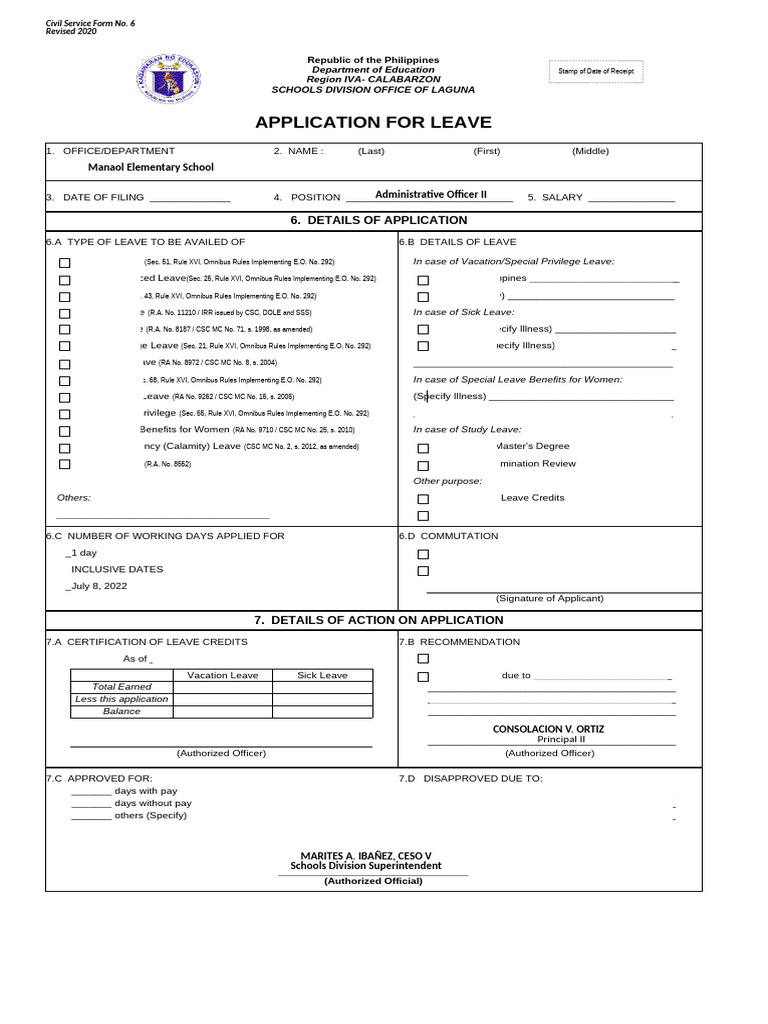 CS Form No. 6 Revised 2020 Application For Leave Fillable 2 | PDF ...