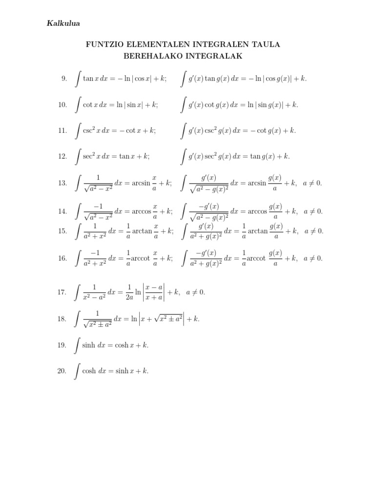 Integralak eta Formula Trigonometricak | PDF | Special Functions ...