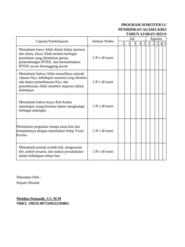 Program Semester Pendidikan Agama Kristen IX | PDF