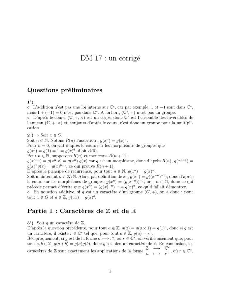 Corrigé DM 17 : Caractères et Groupes | PDF | Algèbre | Mathématiques