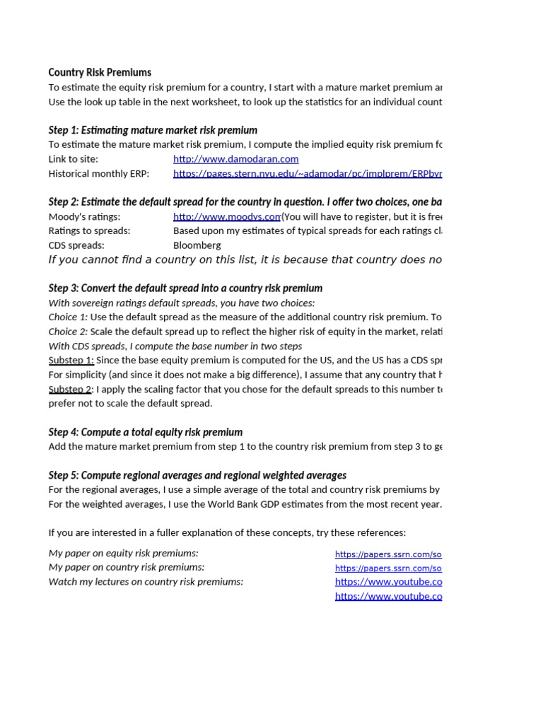 Country Risk Premiums Overview | PDF | Risk Premium | Credit Rating