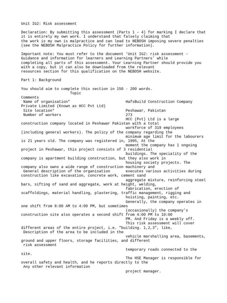 Nebosh IGC IG2 Risk Assessment Pass BY Syed Sulaiman Shah | PDF ...
